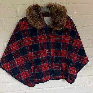 Janie and Jack Red and Navy Plaid Cape with Faux Fur Trim